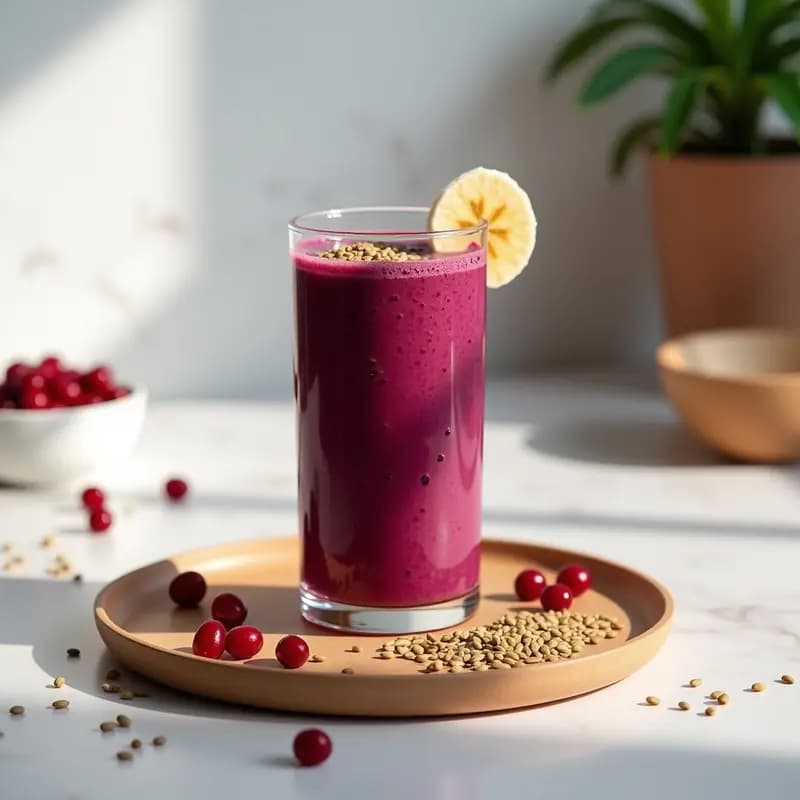 Vaso alto transparente con smoothie morado intenso de remolacha, goji y semillas de cáñamo, decorado con semillas de hemp espolvoreadas y una rodaja de plátano. Fondo blanco con detalles rústicos de madera.