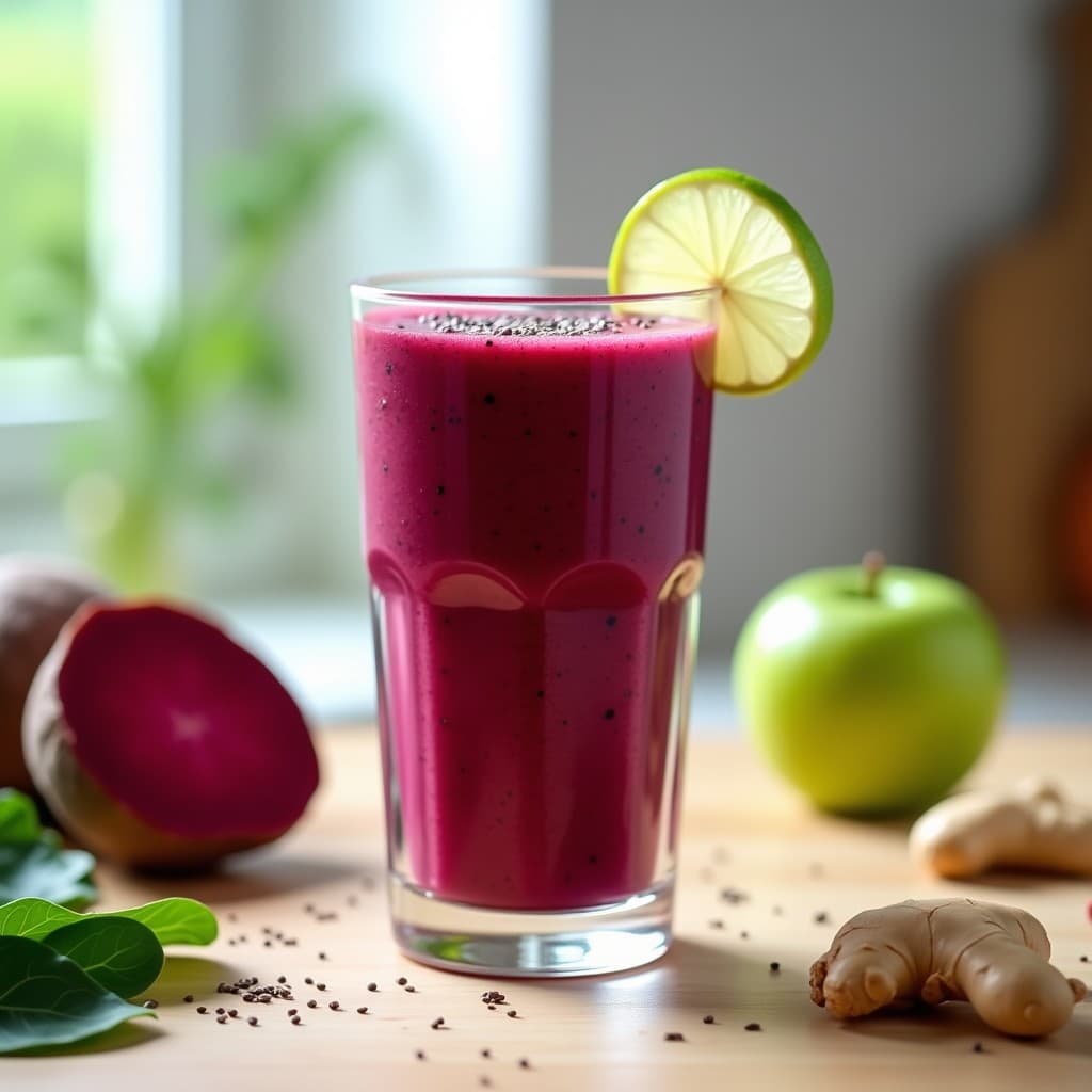 Vaso alto transparente con smoothie de remolacha y jengibre desintoxicante, color rojo vibrante, decorado con semillas de chía y rodaja de limón, fondo de encimera de madera clara con ingredientes frescos alrededor.