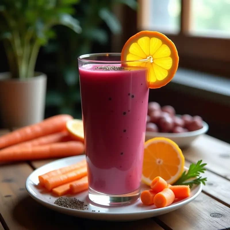Vaso alto de cristal con smoothie vibrante de remolacha y zanahoria, decorado con semillas de chía y una rodaja de naranja al borde, sobre fondo de madera rústica.
