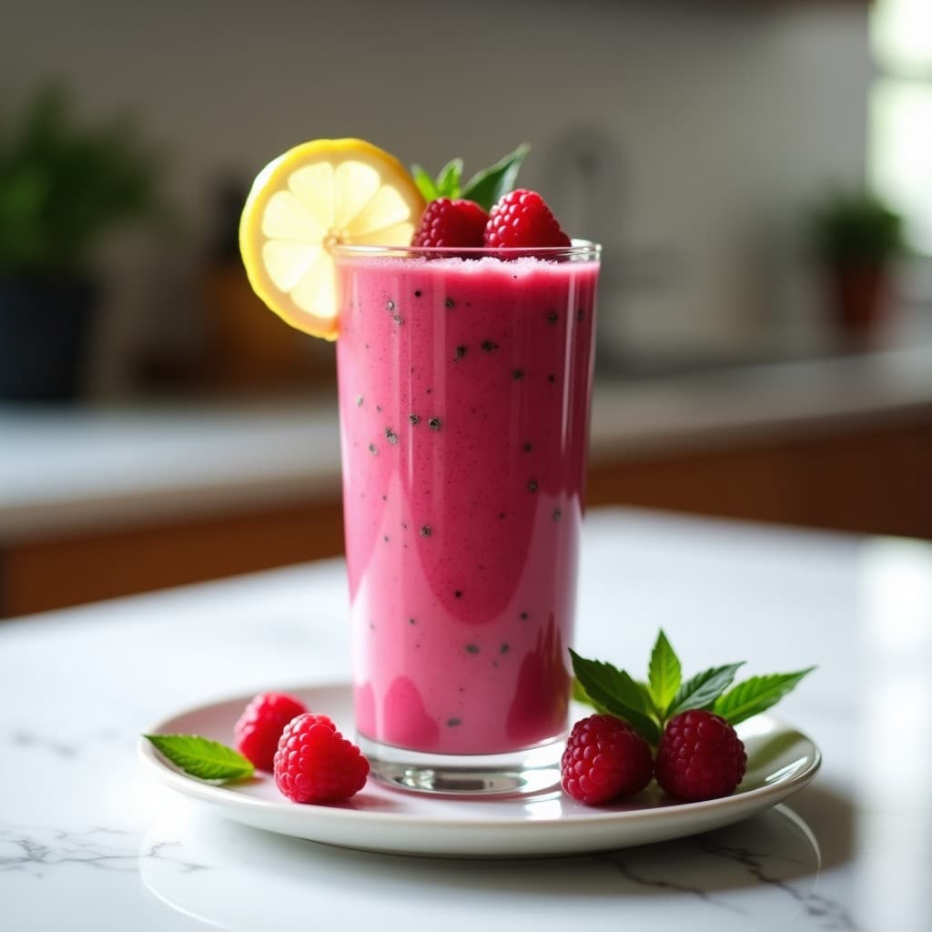 Vaso alto transparente con Smoothie Rosa de Remolacha y Frambuesas, color vibrante, decorado con frambuesas frescas y una rodaja de limón, sobre fondo blanco con hojas de menta. Bebida antioxidante y detox.