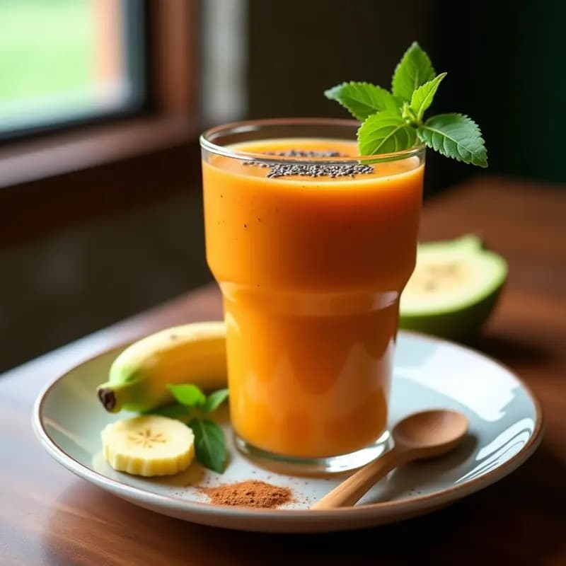 Smoothie de tamarillo y plátano macho en vaso alto transparente, con textura cremosa y color naranja rojizo, decorado con semillas de chía y una pizca de canela. Fondo rústico con hojas de tamarillo y rodajas de plátano macho.