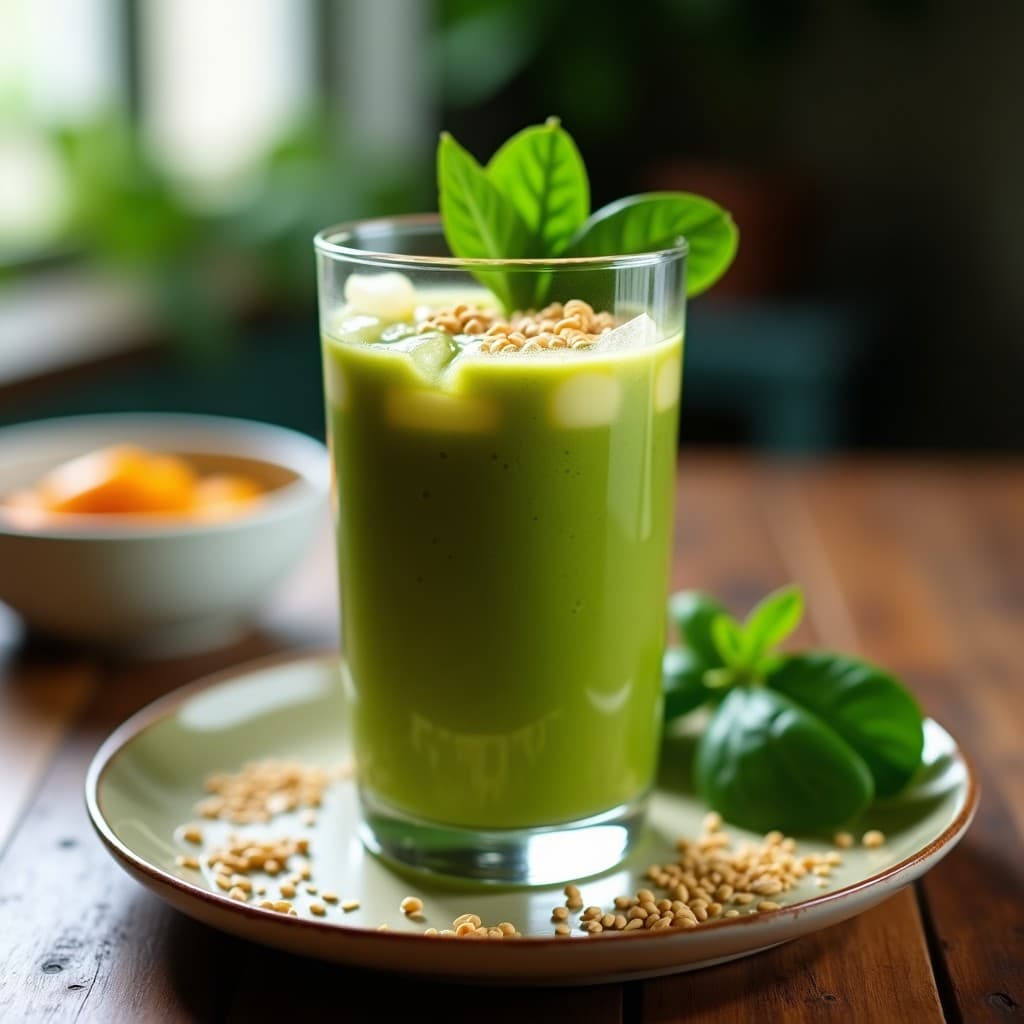 Vaso alto transparente con smoothie de tamarindo y espinacas, color verde intenso con tonos anaranjados, servido con hielo picado y decorado con semillas de lino. Bebida détox post-entreno alta en proteína de guisante.
