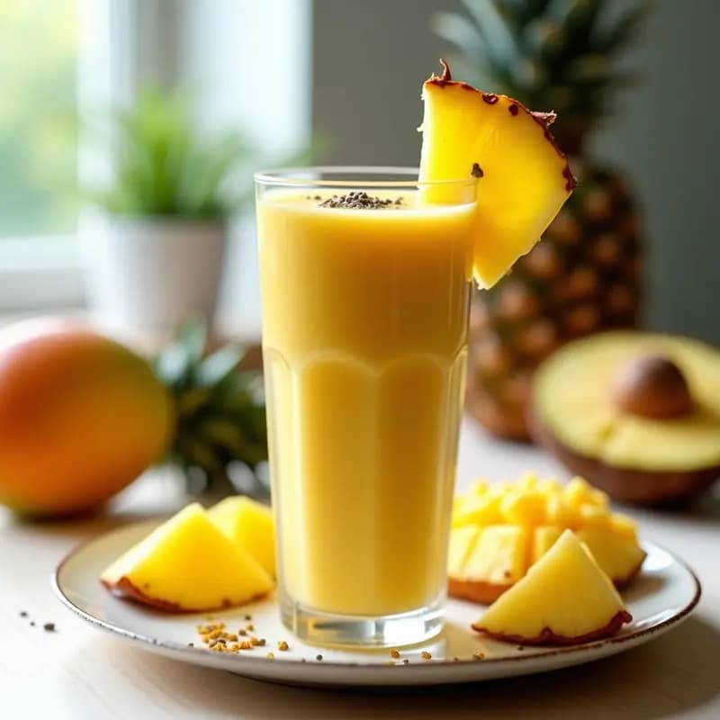 Vaso alto transparente con smoothie tropical de mango y piña colada, cremoso y dorado, decorado con semillas de chía y una rodaja de piña al borde. Fondo de cocina luminoso con ingredientes frescos al lado.