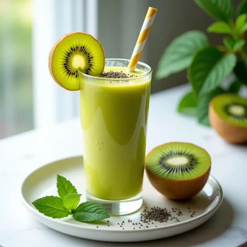 Vaso alto transparente con Smoothie de Túrmix y Kiwi, bebida peruana antioxidante y depurativa de color verde claro con toques amarillos. Decorado con una rodaja de kiwi en el borde y una pizca de túrmix en polvo espolvoreado. Fondo blanco con hojas de menta y un kiwi cortado por la mitad.