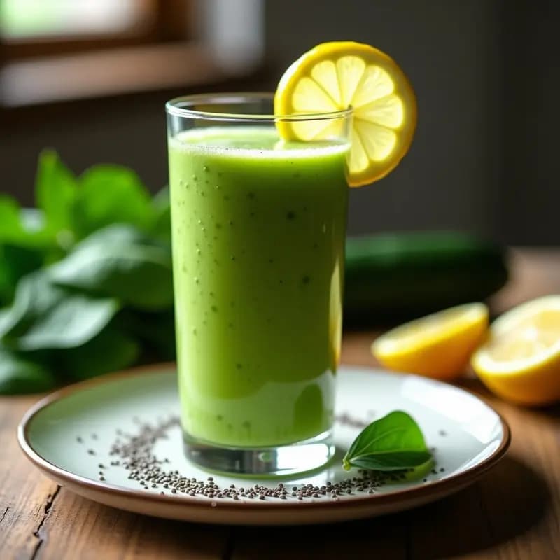 Vaso alto transparente con smoothie verde desintoxicante, espeso y cremoso, decorado con rodajas de limón y semillas de chía en la superficie, sobre fondo de madera rústica con hojas de espinacas frescas.