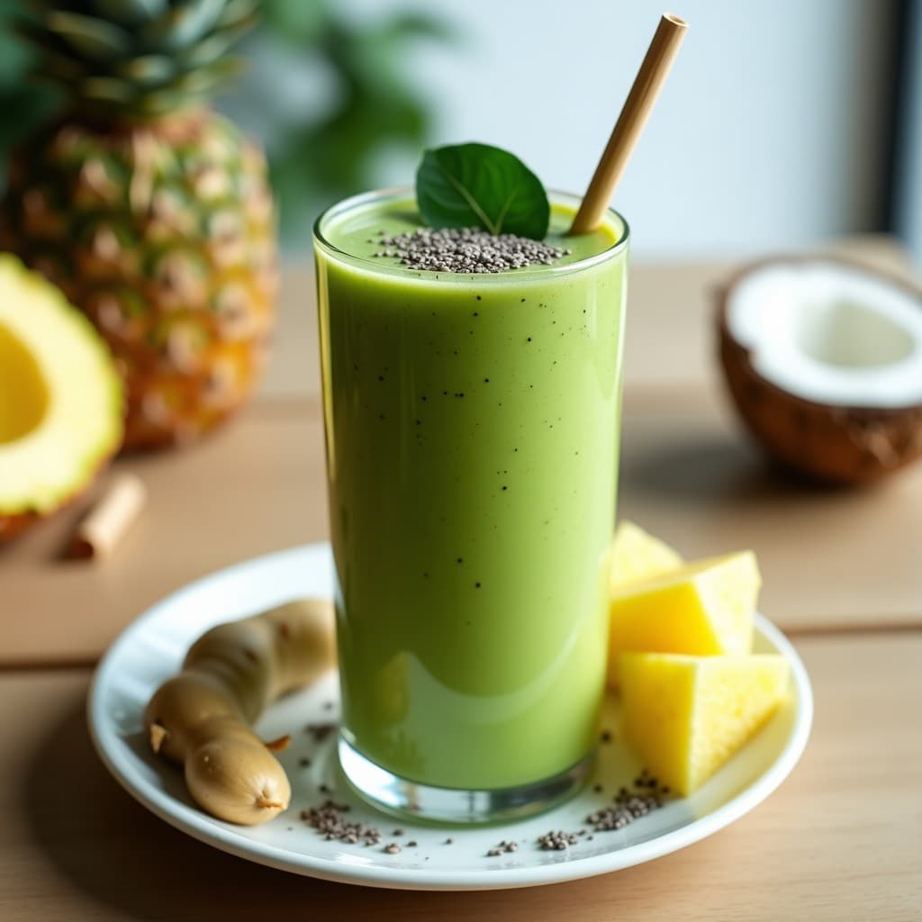 Smoothie verde detox en vaso transparente con espirulina y piña, servido con una pajita de bambú y decorado con semillas de chía y hojas de espinaca fresca. Receta keto sin azúcar en 5 minutos.