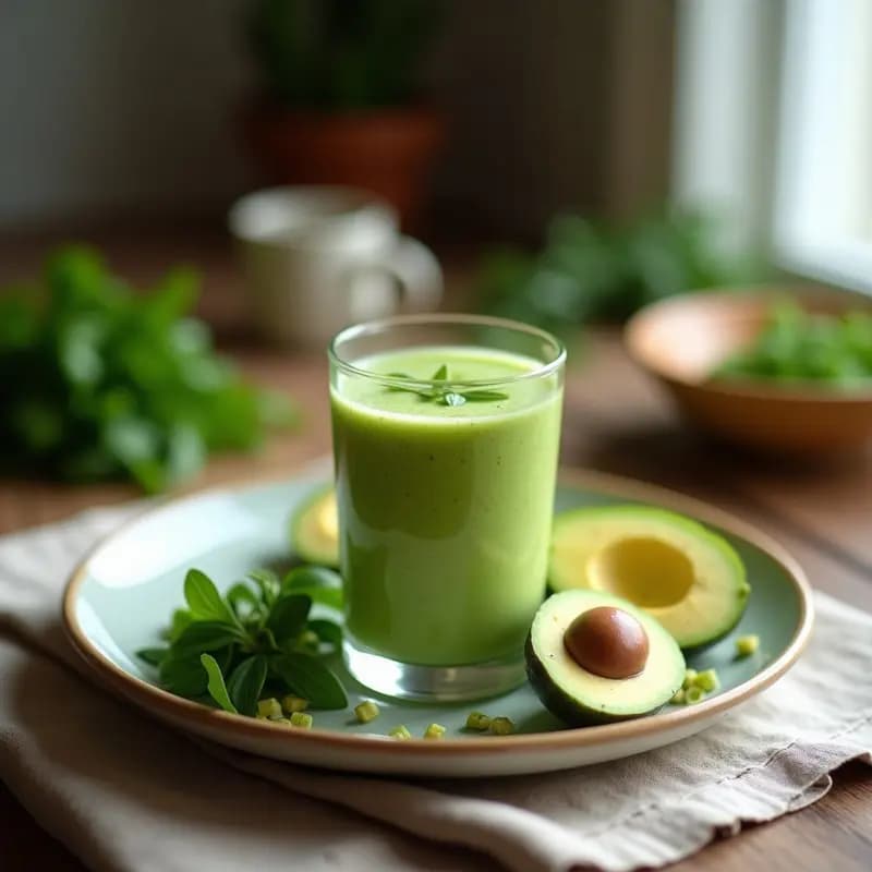 Vaso alto transparente con smoothie verde energizante, espeso y cremoso, decorado con semillas de chía y una rodaja de plátano. Fondo con espinacas frescas y una batidora.
