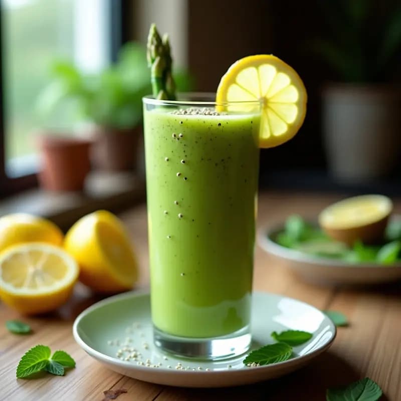 Vaso alto transparente con smoothie verde vibrante de espárragos y kiwi, decorado con rodajas de limón y semillas de chía, sobre fondo de madera rústica con hojas de menta fresca.