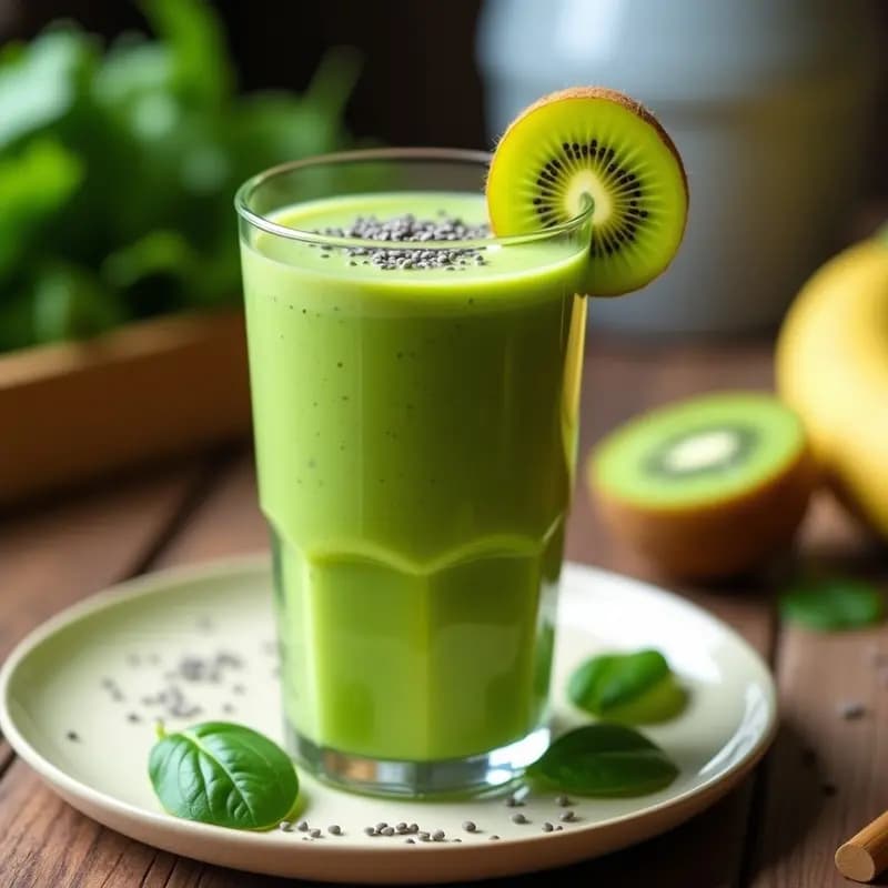 Vaso alto de cristal con smoothie verde proteico de espinaca y kiwi, textura cremosa y color vibrante, decorado con semillas de chía y una rodaja de kiwi, sobre fondo de madera rústica.