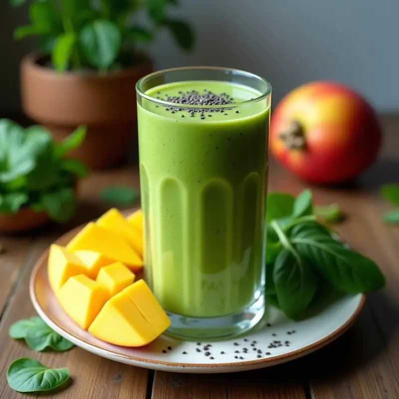 Vaso alto transparente con smoothie verde keto de espinaca y mango, decorado con semillas de chía, sobre fondo de madera rústica con hojas de espinaca y rodajas de mango frescas.