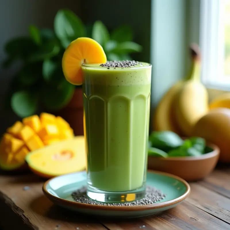Vaso alto transparente con smoothie verde probiótico, espeso y cremoso, decorado con semillas de chía y rodajas de mango. Fondo de encimera de madera con espinacas frescas y un plátano al lado.