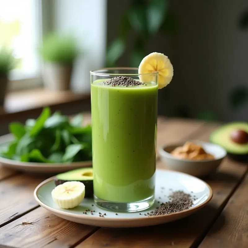 Vaso alto transparente con smoothie verde keto cremoso, decorado con semillas de chía y rodajas de plátano, sobre una mesa de madera con espinacas frescas y un aguacate abierto al fondo.