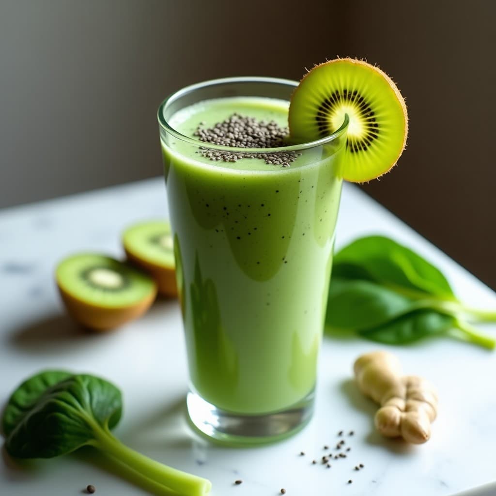 Vaso alto transparente con smoothie verde vibrante de espirulina y kiwi, decorado con una rodaja de kiwi y semillas de chía, sobre fondo blanco con hojas de espinaca y apio alrededor.