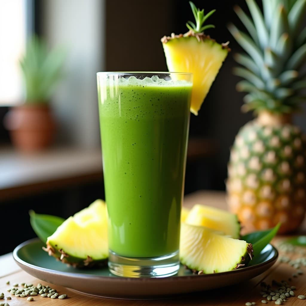 Vaso alto transparente con smoothie verde vibrante de espirulina y piña, decorado con una rodaja de piña fresca y semillas de cáñamo espolvoreadas. Fondo con hojas de piña y luz natural que resalta el color esmeralda del batido.
