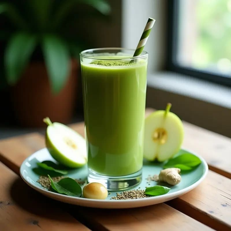 Vaso alto de cristal con smoothie verde vibrante, espolvoreado con matcha en polvo y semillas de chía, acompañado de rodajas de manzana y hojas de espinaca fresca sobre una mesa de madera rústica.