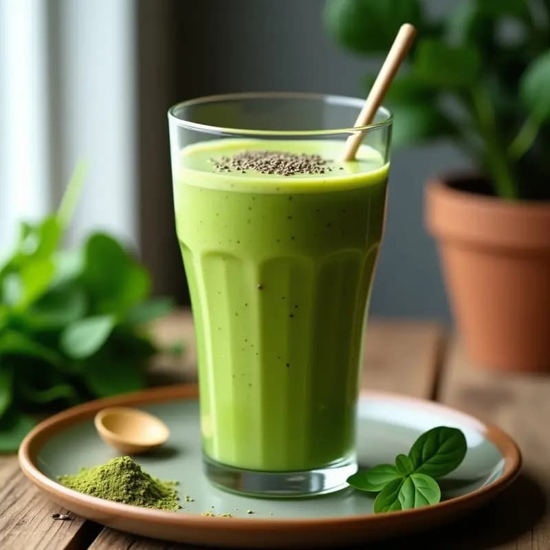 Vaso alto transparente con smoothie verde vibrante, espeso y cremoso, decorado con semillas de chía y una pizca de matcha en polvo. Receta energizante para el desayuno.