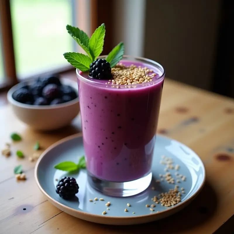 Vaso alto transparente con smoothie morado cremoso de zarzamora y requión, decorado con semillas de lino doradas y zarzamoras frescas en la superficie, sobre un fondo de madera rústica con hojas de menta.