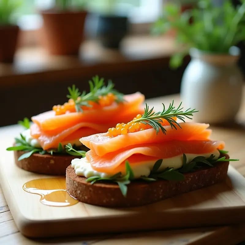 Plato danés P Sørrebrød con base de pan de pumpernickel tostado untado con mantequilla de hierbas, crema de queso con eneldo, láminas de salmón gravlax, cebollino en escabeche y rúcula baby, receta gourmet de desayuno nórdico.