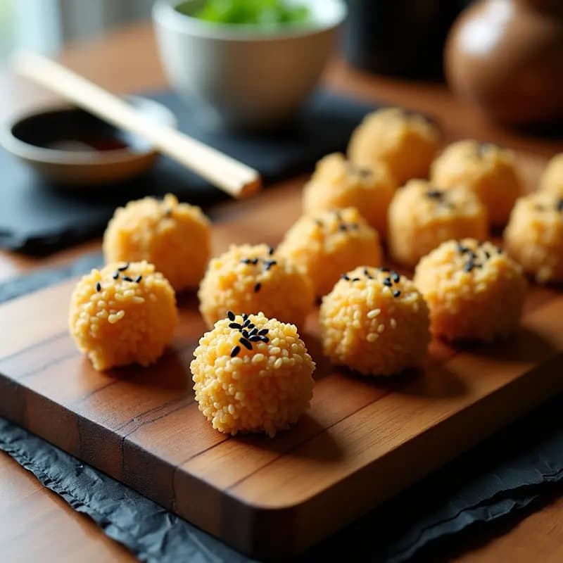 Bolitas doradas de Sesamo Snacks de Quinoa y Miel sobre una bandeja de madera rústica, con semillas de sésamo negro y blanco visibles en la superficie crujiente. Plato de fondo con salsa de soja y palillos japoneses.