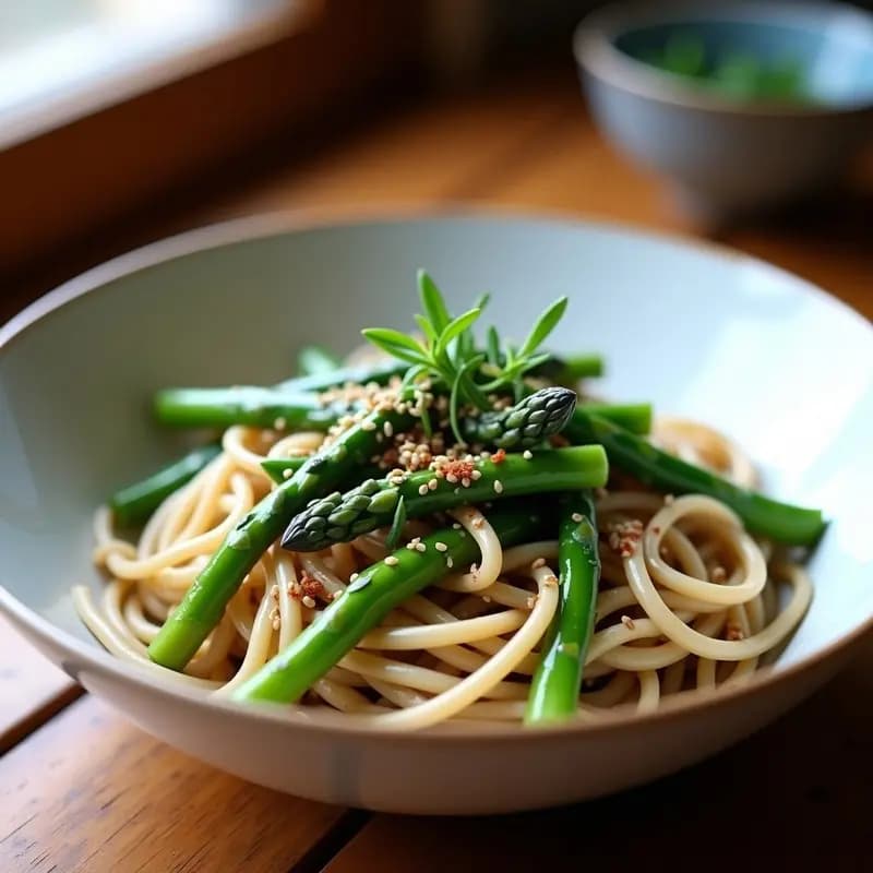 Plato hondo de cerámica blanca con fideos soba integrales salteados, espárragos trigueros verdes, semillas de sésamo negro y blanco espolvoreadas, cebollino picado y un toque de pimienta de cayena. Receta japonesa de soba noodles con sésamo y espárragos en 10 minutos.