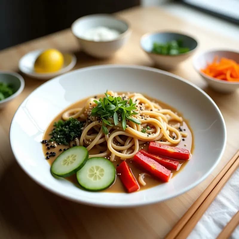 Plato hondo blanco con soba noodles fríos bañados en salsa cremosa de sésamo y jengibre, decorados con tiras de pimiento rojo asado, juliana de pepino, cebollino picado, semillas de sésamo negro y blanco, y alga nori. Receta japonesa fría, ligera y vegana.