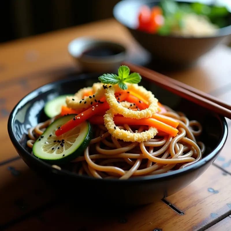 Bol hondo de cerámica negra con soba salteada brillante, coronada con tempura de calabacín, zanahoria y pimiento rojo dorada y crujiente, espolvoreada con semillas de sésamo negro y blanco. Receta japonesa vegana y saludable.