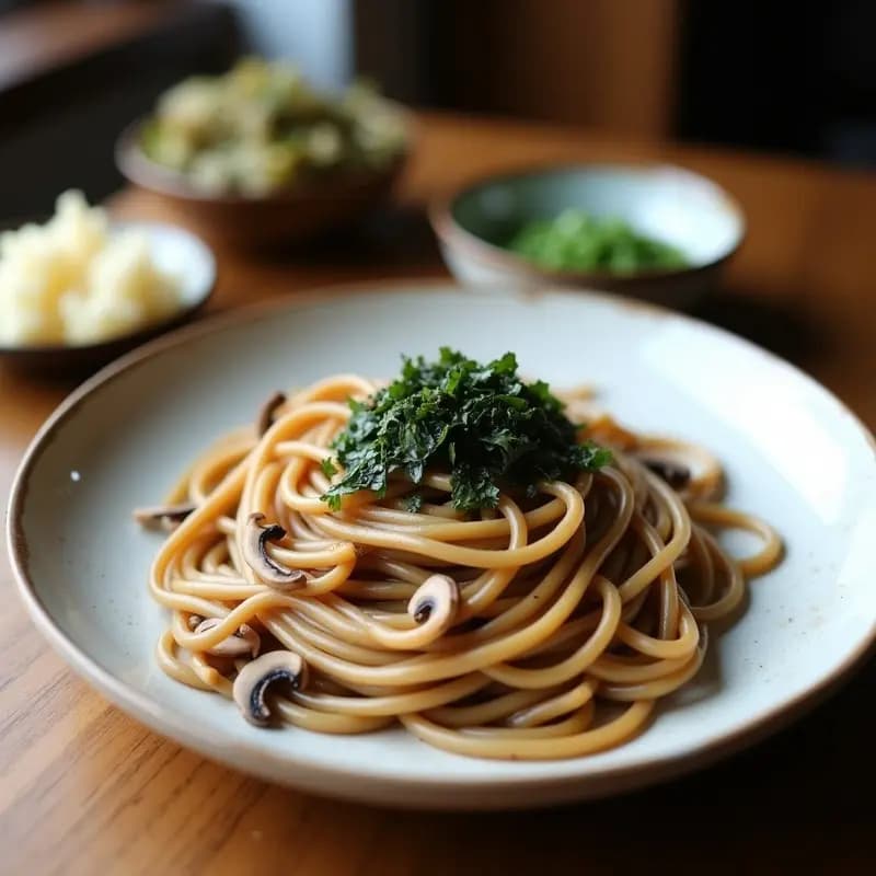 Bowl de cerámica negra con soba de trigo sarraceno bañados en caldo dashi dorado, hongos shiitake salteados, cebollino fresco y semillas de sésamo tostadas. Plato japonés vegano y sin gluten con fondo de madera oscura.