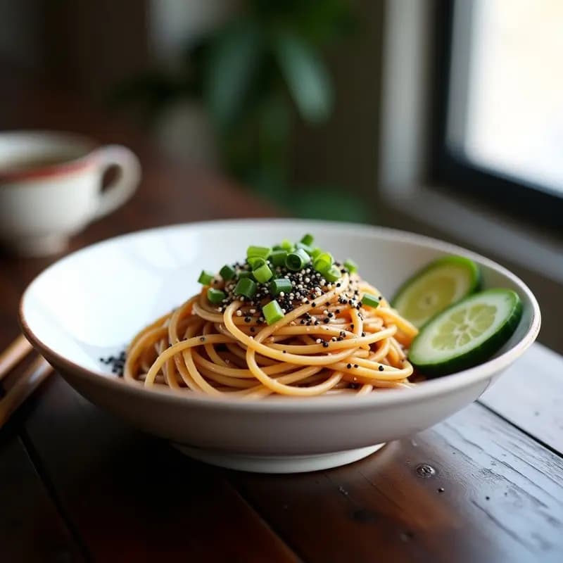 Plato blanco con fideos soba de trigo sarraceno fríos, cubiertos con salsa cremosa de miso y sésamo tostado, decorados con semillas de sésamo negro y blanco, cebollino fresco y rodajas de pepino. Receta vegana y sin gluten.