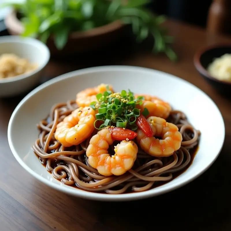 Plato hondo japonés con fideos soba de trigo sarraceno color marrón oscuro, tempura de camarones dorados y crujientes, bañados en salsa tentsuyu brillante. Decorado con semillas de sésamo tostadas y cebollino picado. Fondo minimalista con palillos de madera.