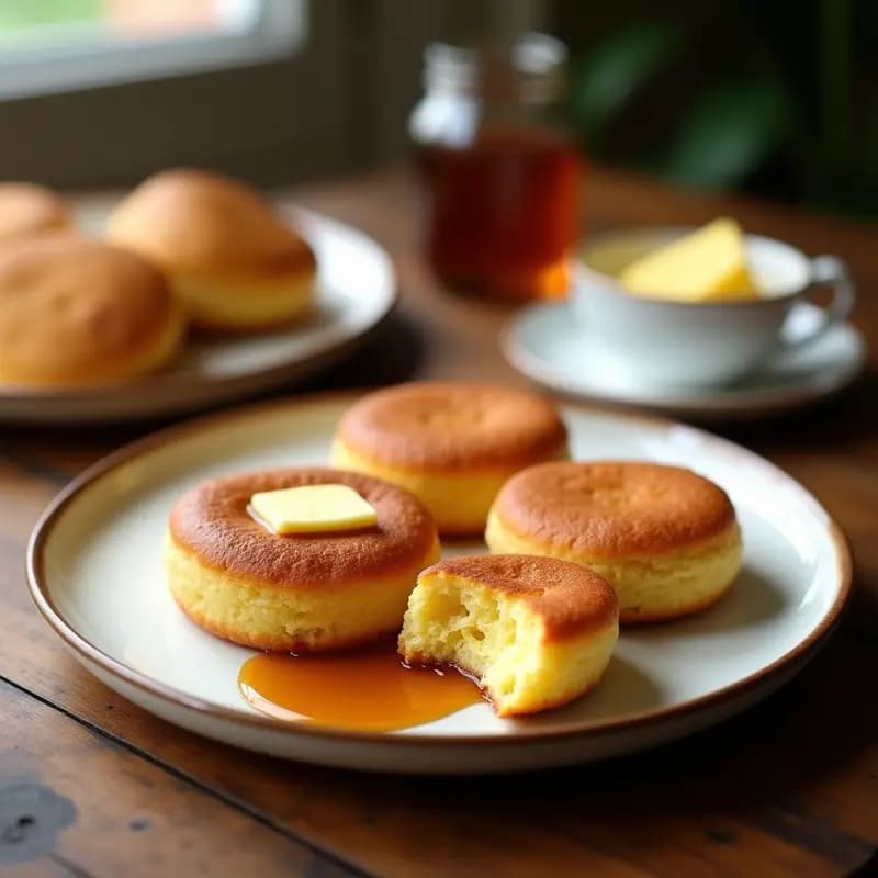Sobaos pasiegos dorados y esponjosos en un plato de cerámica blanca, con un trozo cortado mostrando su miga húmeda, acompañados de mantequilla derretida y un hilo de miel de romero. Receta tradicional de Cantabria para desayuno o merienda.
