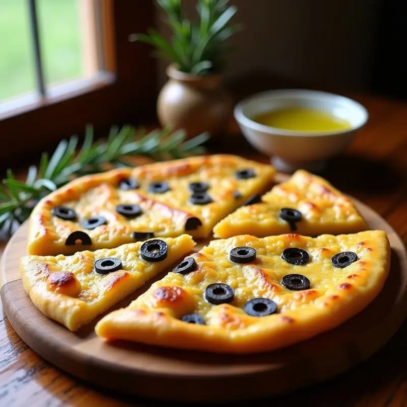 Socca de garnacha y aceitunas, pan francés sin gluten y vegano, dorado y crujiente con trozos de aceitunas negras y semillas de sésamo, cortado en porciones triangulares sobre tabla de madera rústica.