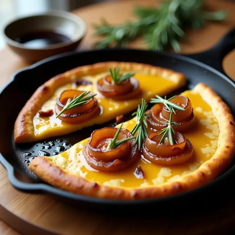 Socca provenzal dorada y crujiente en sartén de hierro, cubierta con cebolla caramelizada brillante y hojas de romero fresco, servida en porciones. Receta de crepe de garbanzo sin gluten.