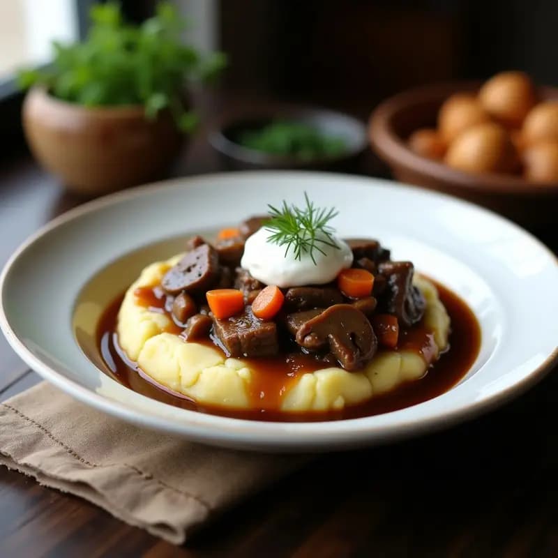 Plato hondo de cerámica blanca con Sokolovskaia rusa: trozos de ternera estofada en salsa oscura con hongos portobello, servida sobre puré de patatas cremoso y coronada con nata ácida y eneldo fresco.