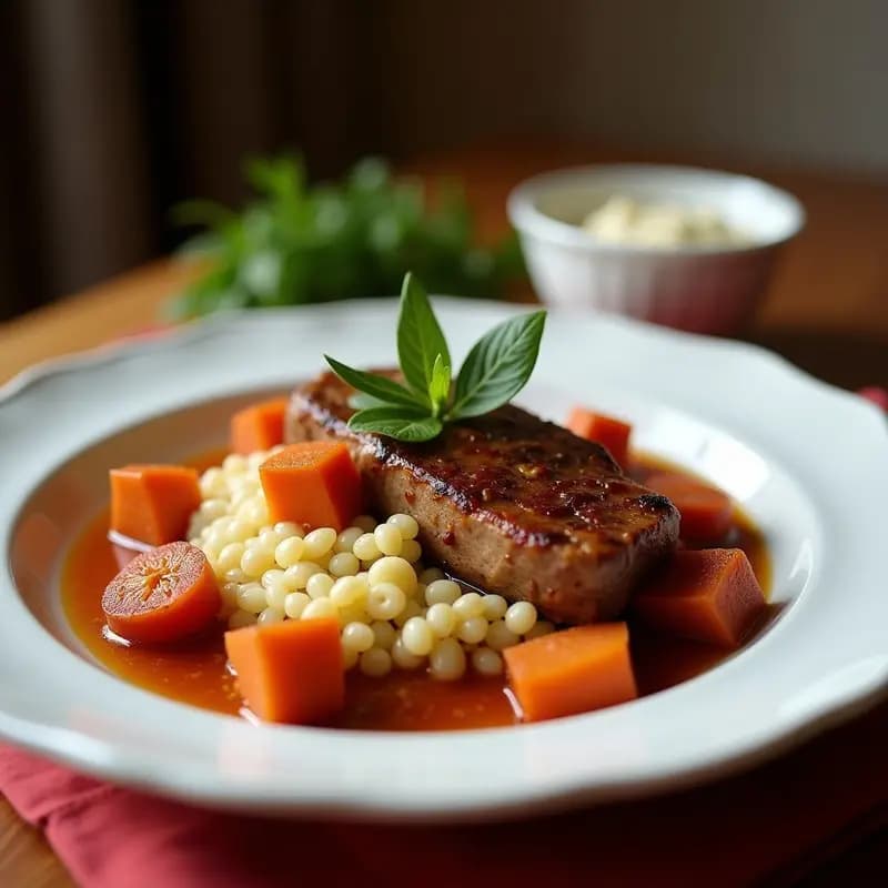 Plato blanco con medallones de solomillo de cerdo brillantes y jugosos, napados con una salsa cremosa de mostaza antigua con motas de tomillo fresco, acompañados de puré de patatas.