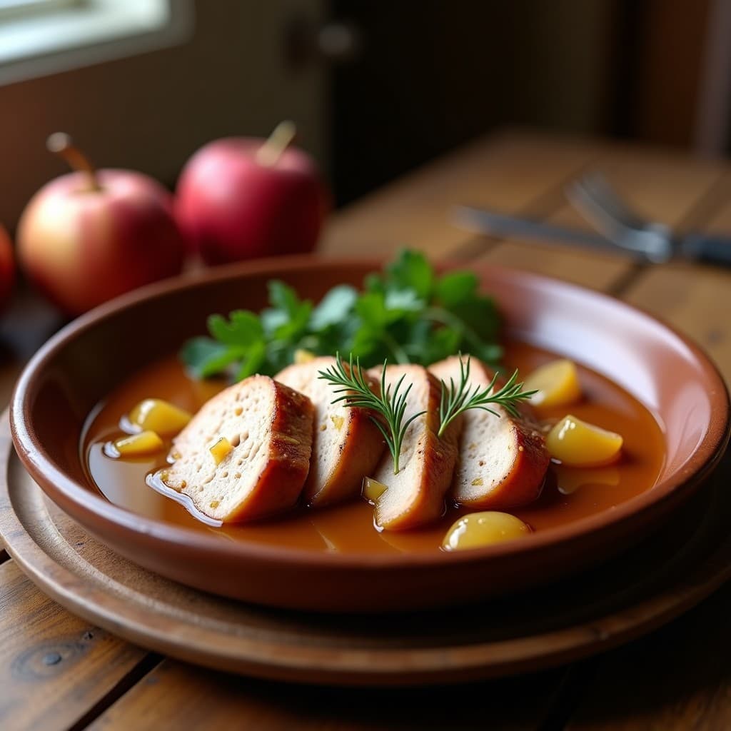 Solomillo de cerdo en rodajas sobre un lecho de salsa espesa de sidra y manzana, decorado con trozos de manzana caramelizada y perejil fresco, servido en plato hondo de barro asturiano.