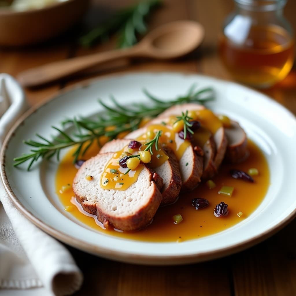 Plato hondo de cerámica blanca con rodajas gruesas de solomillo de cerdo bañadas en una salsa dorada y brillante de sidra y mostaza de Dijon. Acompañado de ramitas de romero fresco y trozos de cebolla morada caramelizada. Fondo rústico con servilleta de lino y cuchara de madera.