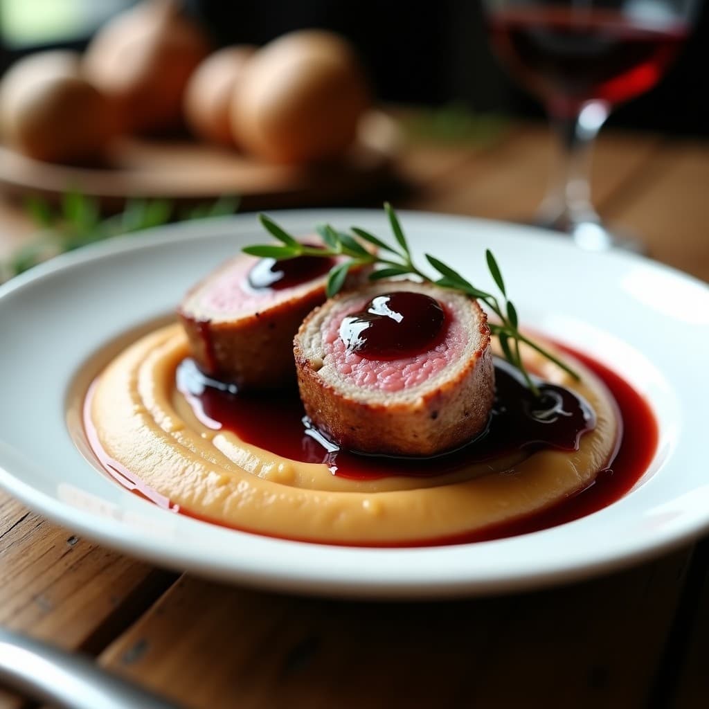 Plato de solomillo de cerdo en medallones sobre puré de castañas cremoso, bañado en salsa de vino tinto, decorado con tomillo fresco. Receta francesa en olla lenta para tupper.