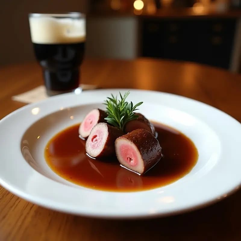Plato elegante con rodajas de solomillo ibérico bañadas en salsa oscura y brillante de cerveza negra, acompañado de cebolla morada caramelizada y romero fresco.
