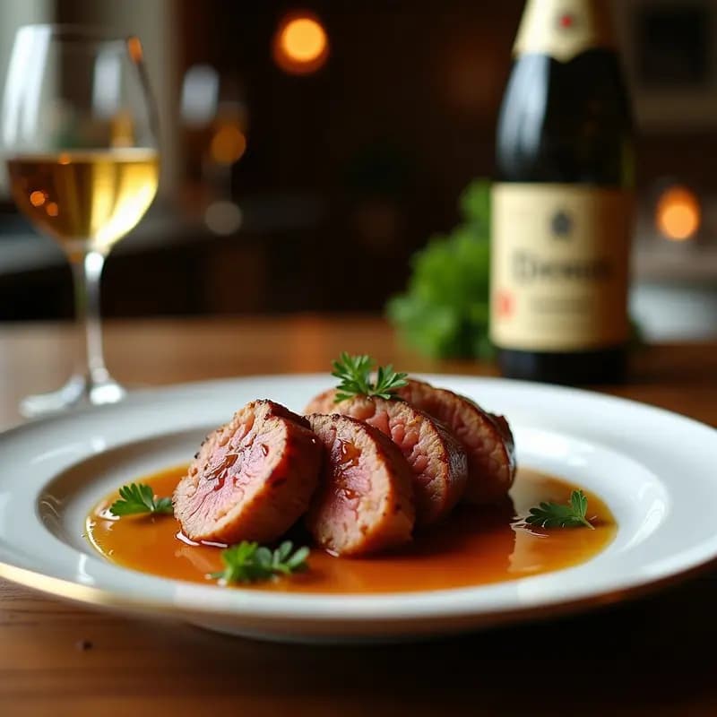 Plato elegante con rodajas de solomillo ibérico glaseado con sidra, bañadas en salsa brillante y decoradas con almendras fileteadas y romero fresco.
