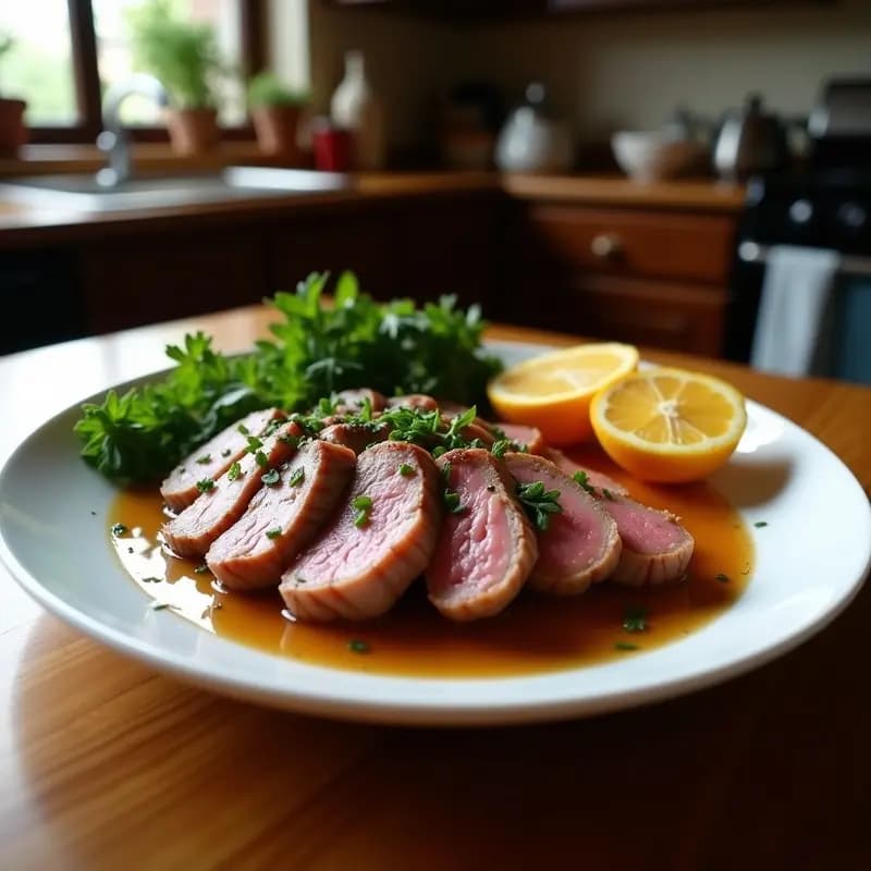 Plato de solomillo ibérico marinado con hierbas aromáticas, cortado en rodajas jugosas sobre una tabla de madera, con hierbas frescas y un chorrito de jugo dorado.