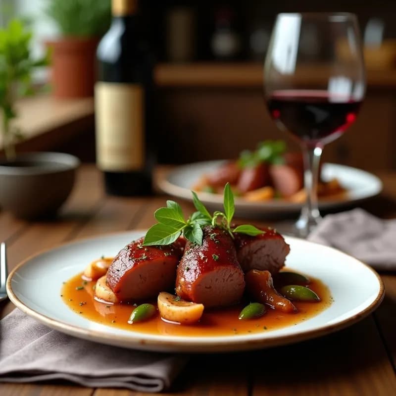 Plato de pizarra con solomillo ibérico en rodajas gruesas, bañado en salsa de vino tinto reducida, acompañado de zanahorias glaseadas y cebolla morada. Receta de olla lenta con marinada tradicional.