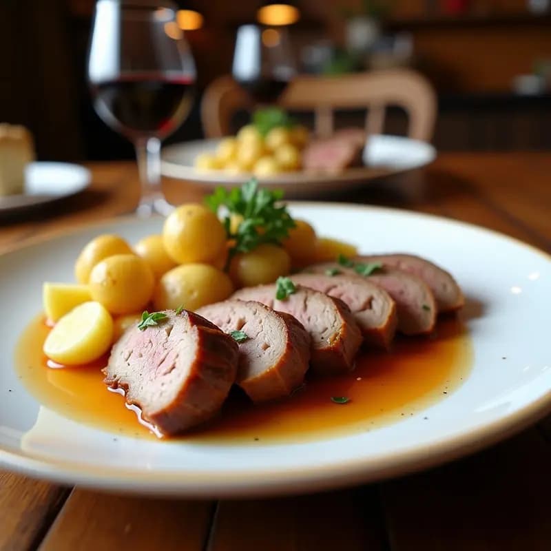 Plato hondo de barro con solomillo ibérico en rodajas sobre patatas pan doradas, espolvoreadas con pimentón, servido con una cucharón de madera. Receta en ollas superpuestas.