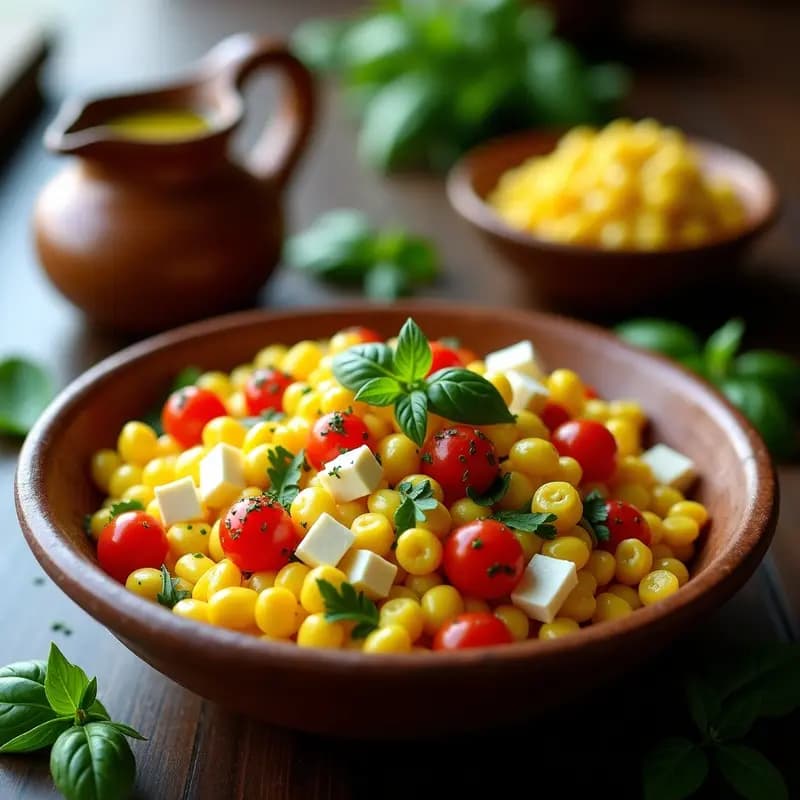 Ensalada Solterito Arepeño en bol de barro rústico, con granos de maíz tierno amarillo, queso campesino blanco desmenuzado, tomates cherry rojos, pimiento rojo asado en tiras y cilantro fresco. Acompañada de una vinagreta de limón verde en jarrita de cerámica al lado, sobre fondo de madera oscura con hoja de albahaca como decoración.