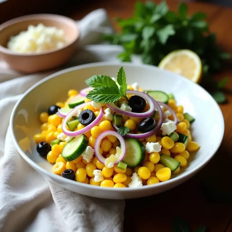Ensalada peruana solterito de queso fresco y choclo en bol blanco, con granos de maíz amarillo, queso fresco desmenuzado, pepino, apio, cebolla morada y aceitunas negras, decorada con hojas de huacatay y aderezada con vinagreta de limón y ají amarillo.