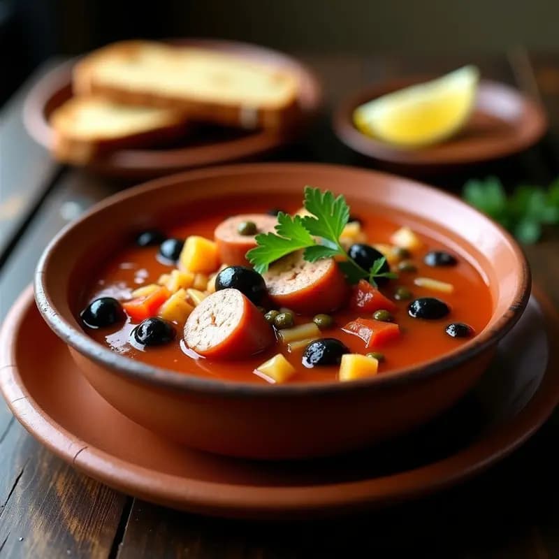Plato hondo de barro con solyanka ucraniana vegana: un estofado espeso con salchicha vegetal en rodajas, aceitunas negras, alcaparras y chucrut, decorado con perejil fresco y limón. Fondo rústico de madera oscura con pan de centeno al lado.