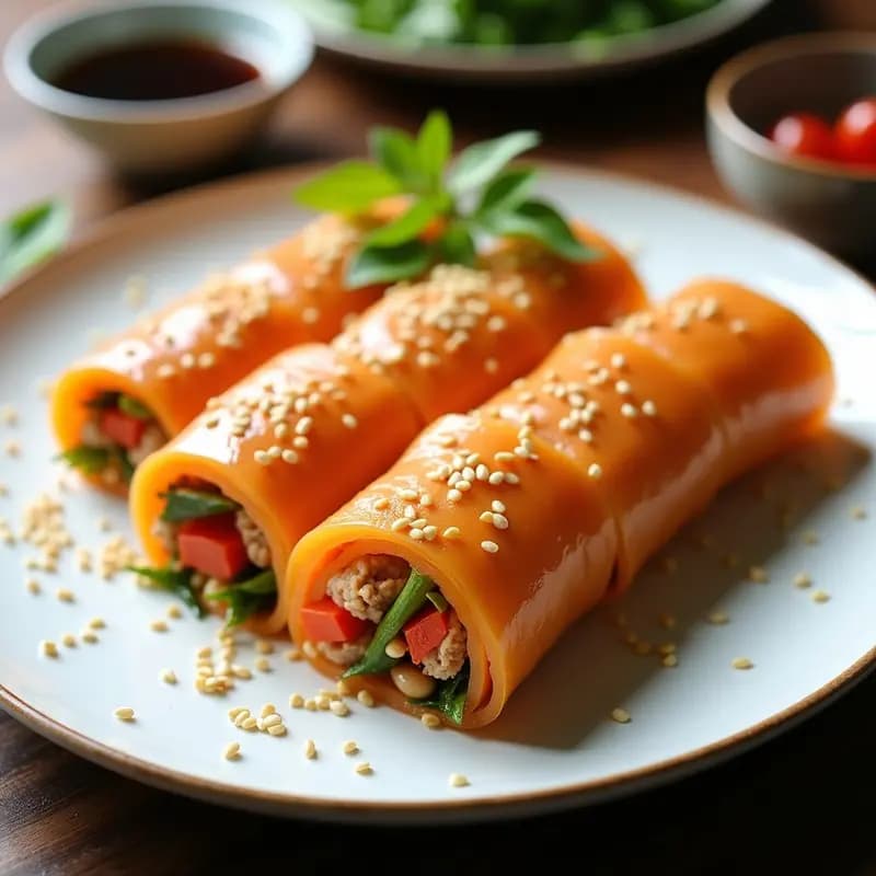 Plato de Soondae Coreano con rollitos de tofu sedoso rellenos de fideos de batata, morcilla vegetal y verduras coloridas, servidos sobre un plato de cerámica blanca con semillas de sésamo espolvoreadas.