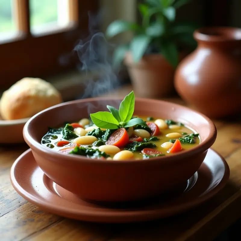 Sopa espesa de acelgas con trozos de judías blancas y rodajas de chorizo ibérico en un cuenco de barro, servida humeante con un chorro de aceite de oliva virgen extra, receta tradicional andaluza de olla exprés.