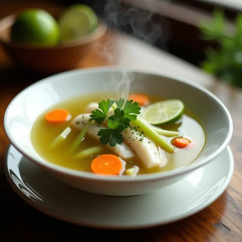 Bowl hondo de cerámica blanca con sopa a la aguadita peruana, caldo verdoso con trozos de merluza, zanahoria, apio y hierbas frescas, decorado con rodajas de limón y cilantro.