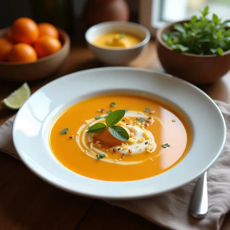 Cuenco blanco con sopa ajoblanco cremosa, decorada con uvas verdes, gajos de mandarina y un hilo de aceite de oliva virgen extra sobre fondo rústico de madera.