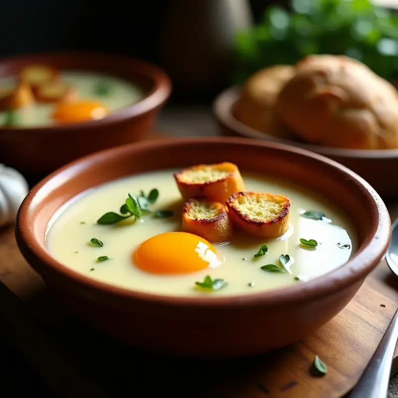 Cuenco de barro humeante con sopa de ajo blanco crujiente, dados de pan dorado en airfryer, huevo escalfado y perejil fresco, receta andaluza tradicional reinventada.